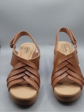 Clarks Brown Leather Cork Wedge Sandals